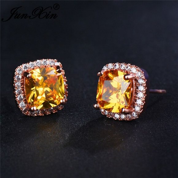 NEW 18K Rose Gold Citrine Diamond Halo Earrings - Picture 5 of 6